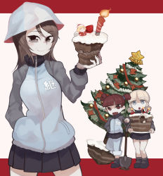3girls :o aki_(girls_und_panzer) ankle_boots blue_eyes blue_footwear blue_headwear blue_jacket blue_pants blue_skirt blunt_bangs boots brown_eyes brown_hair cake candle character_doll chocolate_cake christmas christmas_ornaments christmas_tree closed_mouth commentary emblem fang food food_on_face fruit garland_(decoration) girls_und_panzer hair_tie hand_in_pocket hat helmet highres holding holding_cake holding_food holding_shovel jacket katyusha_(girls_und_panzer) keizoku_military_uniform letterboxed light_brown_hair long_hair long_sleeves looking_at_viewer low_twintails mika_(girls_und_panzer) mikko_(girls_und_panzer) military military_uniform miniskirt morosuke multiple_girls open_mouth pants pants_rolled_up pleated_skirt pravda_(emblem) raglan_sleeves red_eyes red_hair red_ribbon ribbon short_hair short_twintails shovel skirt smile socks standing star_ornament strawberry track_jacket track_pants tulip_hat twintails zipper