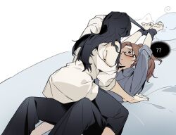 2girls ? akechi_(826988799) black_hair black_pants blush bound bound_wrists brown_hair character_request closed_mouth commentary_request glasses grey_shirt highres k-pop multiple_girls off_shoulder on_bed pants ponytail real_life shirt sleeves_rolled_up spoken_question_mark straddling stuffed_toy sweat white_shirt yuri