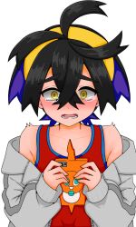 1boy black_hair collarbone commentary_request crossed_bangs hair_between_eyes hairband highres holding holding_phone jacket kieran_(pokemon) long_sleeves lower_teeth_only male_focus multicolored_hair nintendo off_shoulder open_mouth phone pokemon pokemon_sv purple_hair raised_eyebrows red_shirt shirt sleeveless sleeveless_shirt tearing_up teeth textless_version tongue transparent_background two-tone_hair upper_body yellow_eyes yellow_hairband zasu_udon zipper