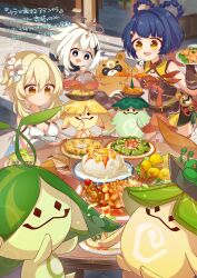 3girls absurdres annotated aranara_(genshin_impact) black_eyes black_hair blonde_hair blush breasts chili-mince_cornbread_buns_(genshin_impact) cleavage closed_mouth commentary_request dated day drooling food genshin_impact golden_shrimp_balls_(genshin_impact) guoba_(genshin_impact) hair_between_eyes hair_ornament halo highres holding holding_food holding_plate jade_parcels_(genshin_impact) lumine_(genshin_impact) medium_breasts medium_hair mint_salad_(genshin_impact) mora_meat_(genshin_impact) mouth_drool multiple_girls open_mouth outdoors paimon_(genshin_impact) plate short_hair_with_long_locks sleeveless smile squirrel_fish_(genshin_impact) star_(symbol) star_hair_ornament table translation_request universal_peace_(genshin_impact) usari_sk white_hair xiangling_(genshin_impact) yellow_eyes