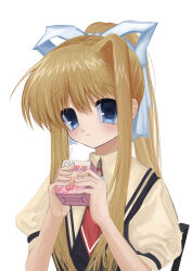 Rule 34 | 1girl, 2000s (style), absurdres, air (visual novel), blue eyes, closed mouth, colored eyelashes, drinking straw, hair between eyes, hair ribbon, high ponytail, highres, kamio misuzu, light smile, long hair, looking at viewer, necktie, nemu (zutto oyasu3), ponytail, puffy short sleeves, puffy sleeves, red necktie, ribbon, school uniform, short sleeves, sidelocks, simple background, single hair intake, solo, straight hair, strawberry milk, upper body, white background