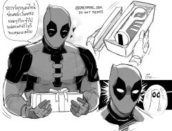 1boy artificial_vagina bar_censor blush bodysuit box censored character-themed_artificial_vagina commentary_request deadpool deadpool_&amp;_wolverine deadpool_(series) dreaming_oor gift gift_box gloves heart highres holding implied_erection male_focus marvel marvel_cinematic_universe mask monochrome muscular muscular_male sex_toy speech_bubble superhero_costume translation_request wolverine_(x-men)
