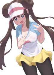 1girl absurdres blue_eyes breasts bright_pupils brown_hair cleavage commentary cowboy_shot double_bun hair_bun highres hot kajitsu_no_hito light_blush long_hair nintendo open_mouth pantyhose pokemon pokemon_bw2 raglan_sleeves rosa_(pokemon) shirt shirt_tug short_sleeves shorts simple_background solo sweat twintails visor_cap wet wet_clothes wet_shirt white_background white_pupils yellow_shorts