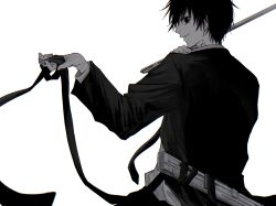 1boy black_hair black_ribbon black_suit dice formal_clothes hand_tattoo highres holding holding_dice holding_weapon looking_back male_focus nagumo_(sakamoto_days) necktie ribbon rokuen_skd sakamoto_days scabbard sheath smile suit tattoo weapon white_background