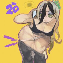 1girl bent_over black_hair black_pants black_sports_bra blonde_hair blue_eyeshadow breasts cellphone cleavage clothes_pull curvy eyeshadow feet_out_of_frame female_pubic_hair full_body green_eyes half-closed_eyes hand_up highres holding holding_phone keziedra large_breasts long_hair macaron_(keziedra) makeup multicolored_hair numbered original outline panties pants pants_pull panty_pull parted_lips phone pubic_hair pulling_own_clothes purple_outline smartphone solo speech_bubble spoken_squiggle sports_bra squiggle standing talking_on_phone track_pants two-tone_hair underwear undressing white_panties yellow_background