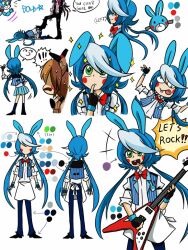 1girl 2boys animal_ears bad_id bad_tumblr_id black_gloves blue_pants blue_skirt blue_vest bonnie_(fnaf) bonnie_(withered)_(fnaf) bow bowtie commentary electric_guitar english_commentary fingerless_gloves five_nights_at_freddy&#039;s five_nights_at_freddy&#039;s_2 floppy_ears gloves guitar hands_up holding holding_guitar holding_instrument instrument long_sleeves low_ponytail multicolored_hair multiple_boys open_mouth pants personification pleated_skirt pole-bear ponytail rabbit_ears red_bow red_bowtie shirt simple_background skirt smile sparkle streaked_hair toy_bonnie toy_freddy vest white_background white_shirt