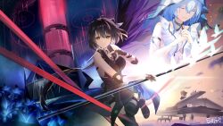 2girls bare_shoulders black_dress black_hair blue_eyes blue_hair blue_veil breasts cleavage colored_inner_hair commentary_request cross-laced_clothes cross-laced_top dress earrings elbow_pads female_rover_(wuthering_waves) flower grand_piano highres instrument jewelry large_breasts long_hair looking_at_viewer multicolored_hair multiple_girls natsunosemi night night_sky own_hands_together piano piano_bench rover_(wuthering_waves) shorekeeper_(wuthering_waves) side-tie sky standing sun triangle_earrings two-tone_veil veil wuthering_waves yellow_eyes