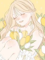 1girl blonde_hair blush closed_eyes eyelashes eyeshadow flower grin happy highres knee_blush lips long_hair makeup original red_lips shim_46 shoulder_blush smile solo tulip white_flower white_tulip wispy_bangs yellow_flower yellow_theme yellow_tulip