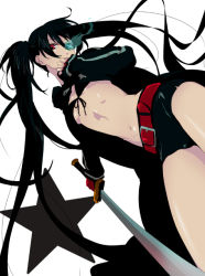 Rule 34 | 10s, 1girl, bad id, bad pixiv id, belt, bikini, bikini top only, black bikini, black hair, black rock shooter, black rock shooter (character), female focus, flat chest, hatsune miku, heterochromia, hood, hoodie, katana, midriff, navel, numeri, scar, short shorts, shorts, solo, star (symbol), swimsuit, sword, twintails, vocaloid, weapon