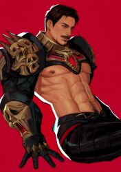 1boy abs alternate_costume armor black_armor black_gloves black_hair black_pants blue_eyes closed_mouth commentary ear_piercing english_commentary facial_hair gauntlets gloves gold_armor highres iron_man_(series) kdf_(nomorelemontea) looking_to_the_side male_focus male_pubic_hair marvel marvel_rivals muscular muscular_male nipples pants pectorals piercing pubic_hair red_background short_hair shoulder_armor simple_background sitting smile solo tongue tongue_out tony_stark two-tone_armor