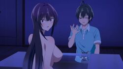 1boy 1girl animated anime_screenshot black_hair blue_shirt blush bouncing_breasts breasts cat completely_nude convenient_hand covering_own_eyes haite_kudasai_takamine-san haitekudasai_takamine-san hand_on_own_hip highres large_breasts linea_alba nipples nude partially_visible_vulva purple_hair red_eyes shirota_takashi shirt sidelocks smile sound tagme takamine_takane video wide_hips