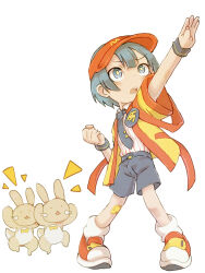 Rule 34 | 1boy, 2others, badge, bandaid, bandaid on leg, blue eyes, blue hair, blue shorts, blush, bow, bowtie, button badge, clenched hand, cosplay, employee uniform, fast food uniform, full body, hand up, highres, imadake dabuchi tabemi, imadake dabuchi tabemi (cosplay), looking up, made in abyss, maruruk, mcdonald&#039;s, multiple others, open happi, open mouth, pinstripe pattern, pinstripe shirt, rabbit, salute, shirt, short hair, short sleeves, shorts, socks, standing, teeth, tie clip, upper teeth only, velcro footwear, visor cap, white background, white socks, ximu shilang, yellow bow, yellow bowtie, yellow happi, yellow pupils