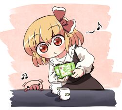 1girl beamed_sixteenth_notes black_skirt black_vest blonde_hair blush collared_shirt commentary_request cup eighth_note hair_ribbon holding holding_milk_carton long_sleeves milk milk_carton musical_note o3o pig pouring red_eyes red_ribbon ribbon rokugou_daisuke rumia shirt short_hair skirt skirt_set solo the_milkmaid touhou upper_body vest white_shirt