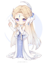 1girl absurdres bare_shoulders bird_wings blonde_hair blue_gemstone blue_hair blue_halo blue_tabard blunt_ends chest_jewel chibi chinese_commentary circlet clenched_hand collar commentary_request crescent crescent_halo detached_collar detached_sleeves diamond_earrings dot_nose dress earrings expressionless eyelashes feather_trim feathered_wings gem gradient_hair halo halo_behind_head hand_on_own_chest head_wings highres infinity_nikki jewelry light_blush light_frown light_particles lips long_dress long_hair long_sidelocks long_sleeves multicolored_hair nikki_(series) nuli_de_chengzhi_er outstretched_hand parted_bangs purple_eyes sidelocks silvergale&#039;s_aria_(infinity_nikki) sleeves_past_wrists solo sparkle standing straight_hair strapless strapless_dress tabard tareme train_(clothing) very_long_hair watermark weibo_watermark white_background white_collar white_dress white_sleeves white_wings wings