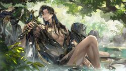 1boy abs absurdly_long_hair bare_legs bathing black_hair black_hanfu blonde_hair center_opening chinese_clothes dark-skinned_male dark_skin day expressionless eyelashes feet_out_of_frame forest hair_between_eyes hair_flowing_over hair_over_shoulder hair_spread_out hanfu highres holding holding_sword holding_weapon hua_yi_shanxin_zhiyue large_pectorals lips long_hair long_sleeves looking_at_viewer lu_cangya male_focus multicolored_hair nature onsen outdoors parted_bangs parted_lips pectorals rock see-through_clothes see-through_hanfu see-through_sleeves solo streaked_hair sword thick_eyebrows toned toned_male very_long_hair water_drop weapon wet wide_sleeves ye_dian_pikaqiu yellow_eyes