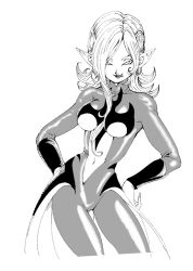 1girl breasts dragon_ball dragon_ball_heroes dragon_ball_online dragon_ball_xenoverse earrings fenyon greyscale jewelry medium_breasts medium_hair monochrome pointy_ears simple_background solo tongue tongue_out towa_(dragon_ball) white_background