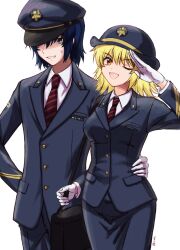 Rule 34 | 1boy, 1girl, athrun zala, blonde hair, blue hair, cagalli yula athha, collared shirt, couple, cowboy shot, gloves, green eyes, gundam, gundam seed, hat, hetero, highres, jacket, koban (zouwqprlfvilaod), long sleeves, looking at viewer, necktie, one eye closed, open mouth, peaked cap, salute, shirt, short hair, simple background, smile, sweatdrop, train conductor, white background, yellow eyes
