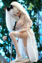 Rule 34 | absurdres, bow, breasts, garter straps, hair bow, highres, katana, medium breasts, pointy ears, see-through clothes, sword, thighhighs, thighs, weapon, white hair