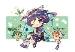 Rule 34 | 1boy, animal, animal on head, aqua cape, aqua gemstone, aqua kimono, aqua sleeves, aranara (genshin impact), arm at side, arm support, armor, belt, bird, bird on head, black belt, black bodysuit, black bow, black bridal gauntlets, black leggings, black sandals, black shorts, blue cape, blue hat, blunt ends, blush, bodysuit, border, bow, bridal gauntlets, cape, chibi, covered collarbone, crossed legs, crystalfly (genshin impact), eyeliner, eyeshadow, feathers, finch, fingernails, full body, gem, genshin impact, gold, gold ring, green background, hakama, hakama shorts, hand up, hat, highres, japanese armor, japanese clothes, jingasa, juban, kimono, kote, kurokote, layered sleeves, leg warmers, leggings, makeup, male focus, middle ring, musical note, notice lines, on head, one eye closed, open clothes, open hand, open kimono, open mouth, pleated shorts, poe www, pom pom (clothes), purple eyes, purple hair, purple rope, purple sash, red eyeliner, red eyeshadow, rope, sandals, sash, scaramouche (genshin impact), short sleeves, shorts, shoulder peek, sitting, stirrup legwear, tassel, toeless legwear, toes, two-sided cape, two-sided fabric, vision (genshin impact), vortex, wanderer (genshin impact), white border, white kimono, white leg warmers, white sleeves, white trim, wind, wispy bangs, yellow feathers, zouri