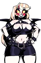 1girl artiah669 blonde_hair blush_stickers charlie_morningstar circle_facial_mark collar colored_sclera colored_skin colored_teeth cosplay demon_girl grey_skin hazbin_hotel highres long_hair midriff miniskirt navel panty_&amp;_stocking_with_garterbelt pink_sclera red_eyes scanty_(psg) scanty_(psg)_(cosplay) sharp_teeth simple_background skirt smile spikes teeth thighhighs very_long_hair white_background wings yellow_sclera yellow_teeth