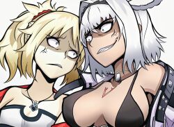 2girls anger_vein animal_ears bandeau bikini black_bikini black_hairband blonde_hair breasts caenis_(fate) caenis_(swimsuit_rider)_(fate) caenis_(swimsuit_rider)_(first_ascension)_(fate) chest_tattoo chikiji_(chickchickjo) cleavage clenched_teeth commentary_request constricted_pupils dog_tags fate/grand_order fate_(series) frown green_eyes grin hairband highres jacket jewelry large_breasts mordred_(fate) mordred_(memories_at_trifas)_(fate) multiple_girls necklace ponytail red_eyes shaded_face small_breasts smile swimsuit tattoo teeth white_bandeau white_hair white_jacket