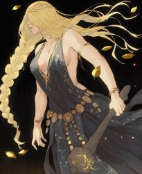 Rule 34 | 1girl, armlet, bare shoulders, black background, black dress, blonde hair, bracelet, braid, breasts, circlet, cleavage, dress, elden ring, giganticbuddha, gold belt, gold bracelet, gold circlet, gold diadem, hair over eyes, hammer, highres, holding, holding hammer, holding weapon, jewelry, leaf, long hair, metal belt, parted bangs, plunging neckline, queen, queen marika the eternal, single braid, solo, upper body, weapon, yellow leaves