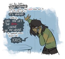 1other annoyed bags_under_eyes bright-goat brown_hair brown_pants catching_breath cellphone christmas_ornaments deltarune exhausted green_sweater hand_on_wall hunched_over kris_(deltarune) medium_hair messy_hair pants phone single_horizontal_stripe sweat sweater talking_on_phone trembling