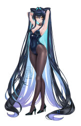 Rule 34 | 1girl, absurdly long hair, absurdres, adapted costume, aqua hair, armpits, arms behind head, bare shoulders, black hair, black pantyhose, black shoes, blue leotard, breasts, cleavage, clothing cutout, collarbone, colored inner hair, commentary, covered navel, full body, goddess of victory: nikke, hair between eyes, heart cutout, high heels, highleg, highleg leotard, highres, leotard, light blush, little mermaid (nikke), long hair, looking at viewer, medium breasts, multicolored hair, pantyhose, parted lips, shoes, sicle, sideboob, simple background, solo, standing, strapless, strapless leotard, twitter username, very long hair, white background, yellow eyes