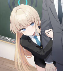 1boy 1girl absurdres alternate_costume black_skirt blonde_hair blue_archive blue_eyes blue_hair blue_necktie chalk chalkboard closed_mouth collared_shirt ddungddang floor highres indoors long_hair multicolored_hair necktie pencil_skirt shirt skirt streaked_hair toki_(blue_archive) white_shirt