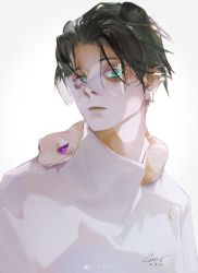 1boy animal animal_ears bags_under_eyes black_hair cat_ears expressionless glasses green_eyes hair_between_eyes hair_over_one_eye highres inumaki_toge jacket jujutsu_kaisen looking_at_viewer male_focus okkotsu_yuuta purple_eyes shirt short_hair snake solo transparent turtleneck white_jacket