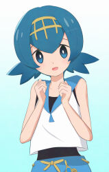 1girl aoneko4ao_(edwf7745) blue_eyes blue_hair blue_pants bright_pupils commentary_request hands_up happy highres lana_(pokemon) looking_at_viewer medium_hair nintendo no_sclera open_mouth pants pokemon pokemon_sm shirt sleeveless sleeveless_shirt smile solo swimsuit swimsuit_under_clothes white_pupils white_shirt
