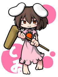 1girl animal_ears bad_id bad_pixiv_id barefoot brown_hair rabbit_ears carrot female_focus inaba_tewi kine mallet orange_eyes puffy_sleeves short_hair short_sleeves solo touhou yoshida_hideyuki
