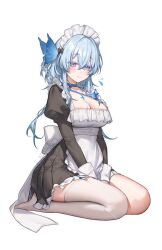 1girl alternate_costume apron black_dress blush breasts butterfly_hair_ornament cleavage closed_mouth collarbone colored_eyelashes dress enmaided full_body hair_between_eyes hair_ornament headdress highres large_breasts long_hair looking_at_viewer maid no_shoes purple_eyes seiza shorekeeper_(wuthering_waves) simple_background single_thighhigh sitting thighhighs white_apron white_background white_thighhighs wuthering_waves zua_(2vziu)