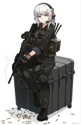 1girl absurdres black_boots black_jacket black_pants boots brown_gloves bullet camouflage camouflage_jacket camouflage_pants commentary commission ear_protection english_commentary full_body gloves grey_hair gun headset highres holding holding_gun holding_weapon imi_negev jacket lace-up_boots light_machine_gun long_sleeves looking_at_viewer machine_gun ndtwofives original pants shadow smile solo twitter_username weapon white_background