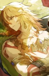 1boy arm_tattoo armlet black_coat blonde_hair braid chest_tattoo coat com777790 commentary_request crossed_arms earrings facial_tattoo gold_earrings gold_necklace gradient_hair hair_between_eyes honkai:_star_rail honkai_(series) jewelry korean_commentary looking_to_the_side lying male_focus medium_hair multicolored_hair mydei_(honkai:_star_rail) necklace on_back on_grass open_clothes open_coat red_hair red_tattoo side_braid solo tattoo toned toned_male yellow_eyes