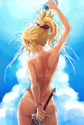1girl arm_behind_back arm_up ass back blonde_hair blue_sky blush bottle braid breasts clarent_(fate) closed_eyes closed_mouth day fate/apocrypha fate_(series) from_behind hair_ornament hair_scrunchie half_up_braid highres holding holding_bottle holding_sword holding_weapon long_hair medium_breasts mordred_(fate) mordred_(fate/apocrypha) nude ponytail pouring pouring_onto_self red_scrunchie scrunchie sidelocks sky smile solo sword tan tanline thighs tonee variant_set water_bottle weapon wet