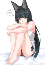 1girl absurdres alternate_costume animal_ear_fluff animal_ears bare_shoulders barefoot black_bra black_hair black_panties bra bra_peek breasts bright_pupils camisole commentary feet fox_ears fox_girl highres hoshimi_miyabi knees_up large_breasts long_hair looking_at_viewer maxwelzy panties pout red_eyes shirt side-tie_panties sitting solo spoken_expression thighs toes underwear very_long_hair white_camisole white_pupils white_shirt zenless_zone_zero