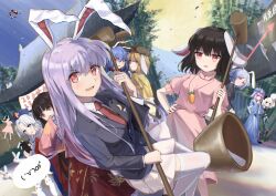 2023 6+girls absurdres animal_ears bamboo bamboo_forest black_footwear black_hair black_jacket blonde_hair blue_dress blue_hair blue_headwear blue_kimono blunt_bangs blush bob_cut bow breasts brown_eyes brown_hair brown_headwear buttons cabbie_hat carrot_necklace collared_shirt commentary cowboy_shot crescent crescent_pin cross dress earclip floppy_ears flying food forest frilled_kimono frilled_sleeves frills full_moon gohei green_skirt green_vest grey_eyes hair_bow hakurei_reimu hat highres hitodama_print holding holding_mallet houraisan_kaguya inaba_mob_(touhou) inaba_tewi jacket japanese_clothes jewelry kimono kine kirisame_marisa konpaku_youmu konpaku_youmu_(ghost) long_hair long_sleeves looking_at_viewer mallet mary_janes medium_breasts mo_yu_de_jiaozi mob_cap mochi moon multicolored_dress multiple_girls nature necklace necktie nurse_cap open_mouth pink_dress pink_hair pink_shirt puffy_short_sleeves puffy_sleeves rabbit rabbit_ears rabbit_girl rabbit_tail red_bow red_cross red_dress red_eyes red_necktie reisen_(touhou_bougetsushou) reisen_udongein_inaba ribbon-trimmed_dress ribbon_trim ringo_(touhou) saigyouji_yuyuko seiran_(touhou) shirt shoes short_hair short_sleeves shorts skirt skirt_set sleeve_garter small_breasts smile socks tail tasukete_eirin touhou triangular_headpiece very_long_hair vest white_hair white_shirt white_socks wide_sleeves yagokoro_eirin yellow_shirt yellow_shorts