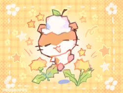 Rule 34 | :3, animal, animal focus, closed eyes, commentary, corocorokuririn, english commentary, flower, gingham, hamster, hat, jumping, leaf, neogeopet, no humans, open mouth, sanrio, smile, solo, star (symbol), whiskers, yellow background, yellow flower