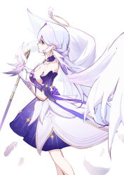 Rule 34 | 1girl, absurdres, angel wings, bare shoulders, breasts, cleavage, closed mouth, collar, commentary, cowboy shot, detached collar, detached sleeves, dress, earrings, feathers, from side, gloves, gokusaishiki (1376145360), green eyes, halo, head wings, highres, holding, holding microphone stand, honkai: star rail, honkai (series), jewel under eye, jewelry, large breasts, oversized wings, layered dress, long hair, looking ahead, microphone, microphone stand, purple collar, purple dress, purple sleeves, robin (honkai: star rail), simple background, solo, standing, white background, white dress, white feathers, white gloves, white hair, white wings, wings