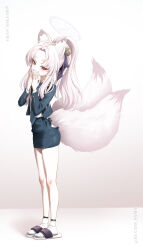 Rule 34 | 1girl, absurdres, alternate costume, alternate hairstyle, animal ear fluff, animal ears, ankle socks, bell, black jacket, black necktie, black ribbon, black skirt, blue archive, blush, bucho sama, fox ears, fox girl, fox tail, grin, hair bell, hair ornament, hair ribbon, halo, hand to own mouth, highres, jacket, jingle bell, kuzunoha (blue archive), looking at viewer, makeup, multiple tails, necktie, parted bangs, pencil skirt, ponytail, ribbon, shirt, skirt, slippers, smile, socks, solo, tail, two tails, white hair, white halo, white shirt, white socks