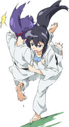 10s 2girls barefoot black_hair dougi happinesscharge_precure! hikawa_iona hikawa_maria judo judogi judoka multiple_girls ponytail precure purple_eyes purple_hair siblings simple_background sisters umanosuke white_background
