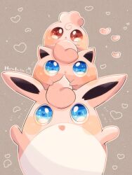 :d :o animal_focus artist_name blue_eyes brown_background colored_skin creatures_(company) evolutionary_line game_freak gen_1_pokemon gen_2_pokemon hanabusaoekaki heart highres igglybuff jigglypuff nintendo no_humans open_mouth pink_skin pokemon pokemon_(creature) red_eyes simple_background smile wigglytuff
