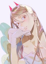 1girl blonde_hair blurry brown_eyes chainsaw_man closed_mouth colored_eyelashes corrupted_twitter_file cross-shaped_pupils depth_of_field dress fangs fishnet_gloves fishnets garter_straps gloves gusamo hairband highres long_hair looking_at_viewer power_(chainsaw_man) simple_background small_horns solo straight_hair symbol-shaped_pupils thighhighs white_dress white_gloves white_hairband white_thighhighs