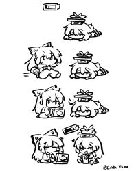 bow chibi chibi_only closed_eyes concha_(mamecha) drinking first_aid_kit fujiwara_no_mokou hair_bow hat highres kamishirasawa_keine long_hair long_sleeves lying monochrome monster_energy on_stomach shirt sitting suspenders touhou very_long_hair