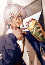 1boy :&lt; antenna_hair artist_name blue_cardigan blue_eyes blurry blurry_background buttons cardigan chromatic_aberration closed_mouth collared_shirt commentary_request crepe dark-skinned_male dark_skin earrings food food_on_face frown fruit green_eyes hair_between_eyes hands_up holding holding_crepe holding_food ibrahim_(nijisanji) indoors jewelry light_particles long_sleeves looking_at_viewer male_focus multicolored_eyes nijisanji open_cardigan open_clothes shion_(ajisionn) shirt short_hair solo strawberry twitter_username two-tone_eyes upper_body virtual_youtuber white_hair white_shirt
