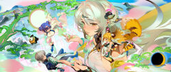 Rule 34 | 2boys, 3girls, animal ears, belle (zenless zone zero), blonde hair, blue hair, breasts, brother and sister, crossed bangs, grey hair, hair between eyes, highres, ju fufu, medium breasts, multiple boys, multiple girls, official art, pan yinhu, panda, siblings, tail, tiger ears, tiger girl, tiger tail, wise (zenless zone zero), ye shiyuan, yellow eyes, yixuan (zenless zone zero), zenless zone zero