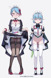 2girls apron black_dress black_footwear black_pantyhose blue_eyes blue_hair blush bow breasts censored choker cleavage clitoris_piercing clothes_lift dildo dress dress_lift earrings full_body garter_straps hair_ornament high_heels highres jewelry liclac lifting_own_clothes long_sleeves looking_at_viewer maid maid_apron maid_headdress medium_breasts mosaic_censoring multicolored_hair multiple_girls no_panties object_insertion original pantyhose piercing pink_hair pointy_ears puffy_sleeves pussy_juice pussy_piercing red_eyes red_footwear rolling_eyes scrunchie sex_toy shoes short_hair simple_background small_breasts smile standing streaked_hair teeth thighhighs two-tone_hair vaginal vaginal_object_insertion vibrator vibrator_cord white_apron white_background white_thighhighs