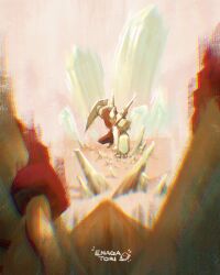 2boys absurdres alien arm_blade ben_10 black_bodysuit bodysuit chromatic_aberration commentary crystal crystal_skin diamondhead enagatori_38 english_commentary highres multiple_boys no_humans on_one_knee pov rock signature solo two-tone_bodysuit vilgax weapon white_bodysuit yellow_eyes
