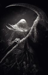 1girl armor armored_dress black_armor breastplate corpse dark_souls_(series) dark_souls_ii dress faulds full_armor grey_hair greyscale helm helmet highres holding holding_scythe holding_weapon hollow_eyes long_hair looking_at_viewer mask monochrome nashandra ornate ornate_armor pauldrons polearm queen reaching scythe shoulder_armor skull skull_mask solo tiara undead vulpes-ibculta weapon